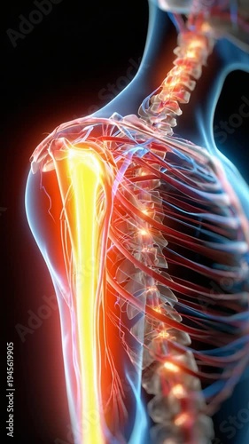 Shoulder Anatomy: A detailed, illuminated view of the human shoulder's complex structure, showcasing bones, muscles, and nerve pathways, highlighting the intricacies of the human body.