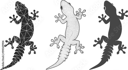 Vector Gecko Lizard Silhouettes Collection Featuring Low Poly Stippled and Solid Black Styles for Reptile Nature and Wildlife Graphic Design