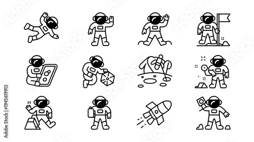 Astronaut poses actions space suit illustration vector black and white line art