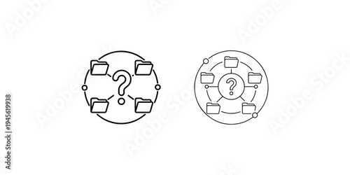 Two black network diagram icons showing folders connected around a question mark on white background