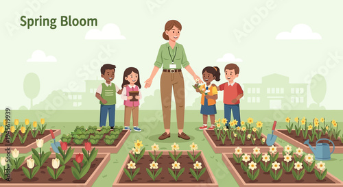 Children Learning Gardening with Teacher in Spring Bloom Flower Garden