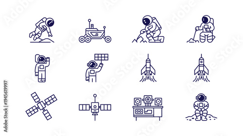 Astronaut space icons set vector illustration rocket satellite spacecraft line art