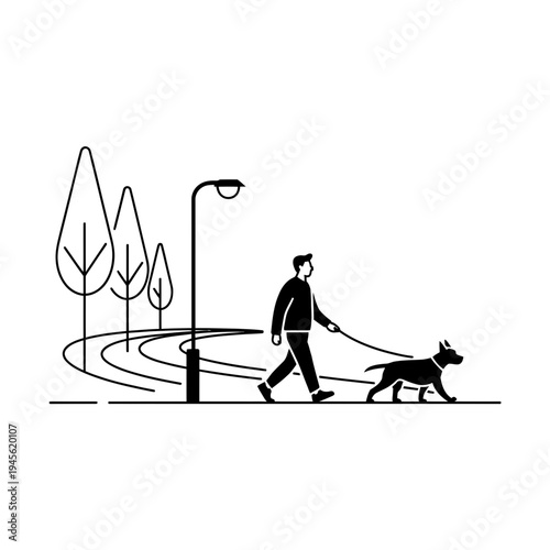 Man walking dog on leash urban park streetlight trees black white illustration
