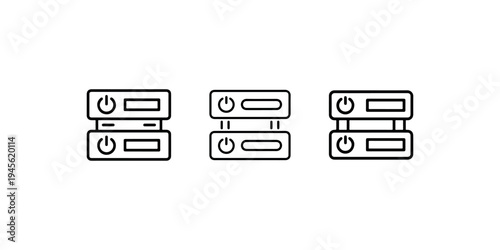 Three stackable server rack units with power buttons and indicators, tech hardware icons, representing data storage or networking equipment, on white.