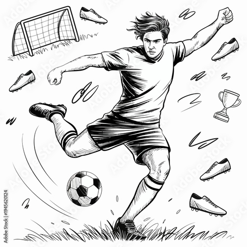 Soccer player kicking ball with flying shoes around goal net grass