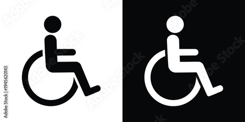Minimalist wheelchair accessibility symbol showing a person seated in a wheelchair in side profile. Clean black and white icon isolated on light and dark backgrounds, representing disability access, m