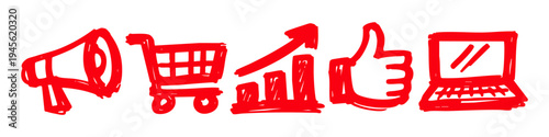 Red hand-drawn business and marketing icons set isolated on white background. Includes megaphone, shopping cart, growth chart, thumbs up, and laptop. Ideal for social media and ecommerce concepts.