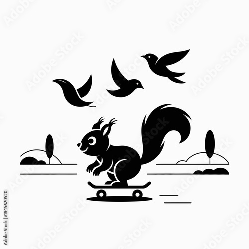 Squirrel on skateboard with flying birds landscape black silhouette vector illustration