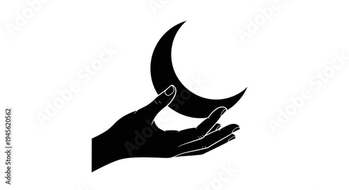Silhouette of Hand Holding Crescent Moon in Darkness.
