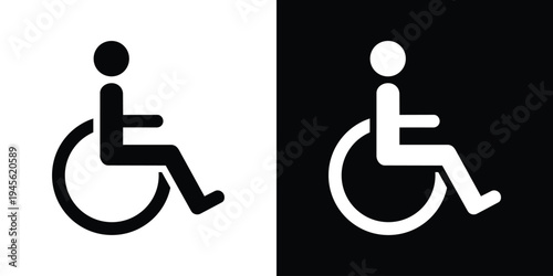 Minimalist wheelchair accessibility symbol showing a person seated in a wheelchair in side profile. Clean black and white icon isolated on light and dark backgrounds, representing disability access, m