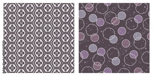 A captivating visual composition featuring two distinct seamless pattern designs on a single canvas, showcasing a timeless traditional japanese kikko hexagonal grid adorned with intricate floral bloss