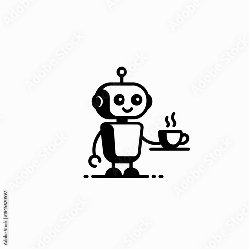 Robot holding steaming coffee cup vector illustration saucer black and white