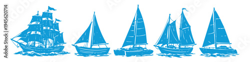 Set of blue nautical silhouettes featuring a tall ship and various sailboats on waves. Ideal for ocean-themed designs, maritime icons, and summer travel graphics. Vector style illustration.