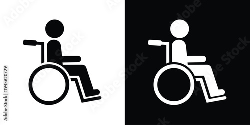 Minimalist wheelchair accessibility symbol showing a person seated in a wheelchair in side profile. Clean black and white icon isolated on light and dark backgrounds, representing disability access, m
