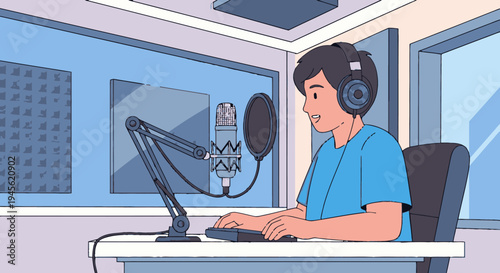 Man Recording Voice in Studio with Microphone.