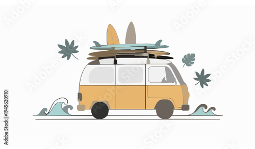 Cute cartoon surf van with surfboards vector doodle summer surfing beach road trip illustration