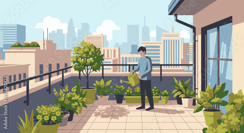 Man Standing on Rooftop with Plants.