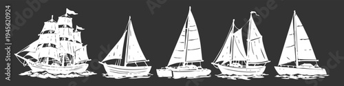 Set of white sailing boat silhouettes on a dark gray background including a tall ship, catamaran, and modern yachts. Nautical vector illustrations for maritime design and ocean travel themes.
