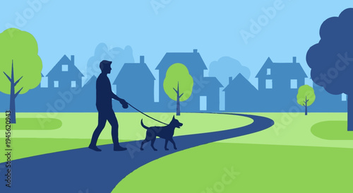 Man Walking Dog on Leash in Park.