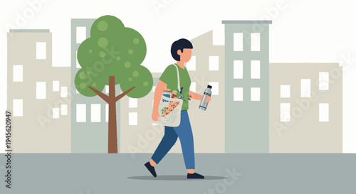 Man Walking with Coffee and Newspaper.