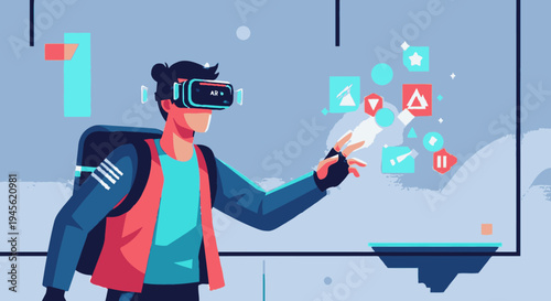 Man Wearing Virtual Reality Headset Interacting.