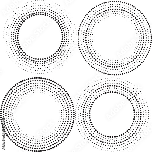 Set of circular halftone dot frames with radial gradient patterns for modern abstract backgrounds, borders and decorative design elements
