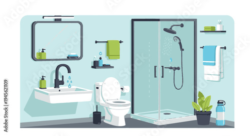 Modern Bathroom Interior with Fixtures and Accessories.