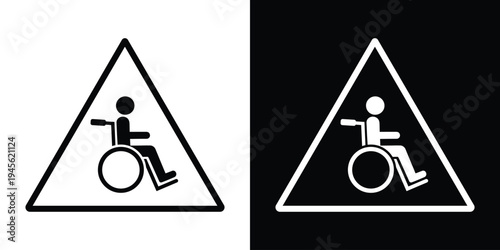 Wheelchair accessibility symbol placed inside a triangular warning style frame. Minimal vector icon indicating disability access, mobility assistance areas, accessibility awareness, and inclusive infr