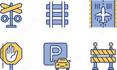 Common transportation and road safety symbols in a flat design style