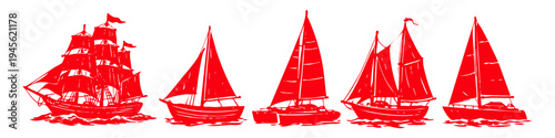 Set of five red sailing ship silhouettes on a white background, including a tall ship, schooner, yacht, and catamaran. Minimalist nautical vector illustration for maritime design.