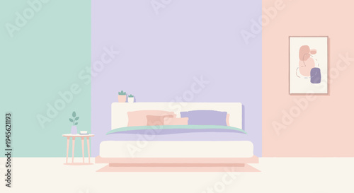 Modern Minimalist Bed with Pillows and Blanket.