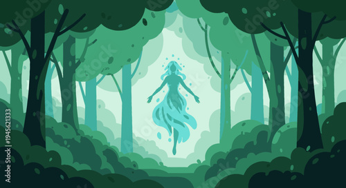Mystical Female Figure in Forest Glowing.