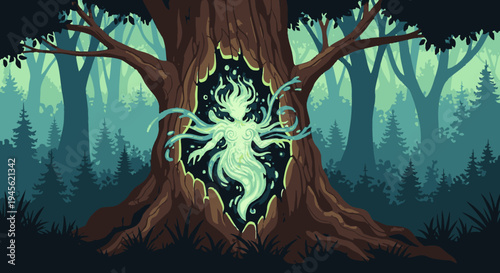 Mystical Creature Emerging from Tree Trunk.