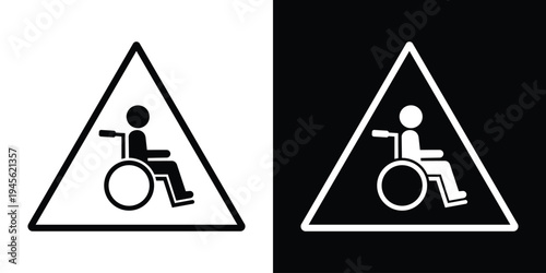 Wheelchair accessibility symbol placed inside a triangular warning style frame. Minimal vector icon indicating disability access, mobility assistance areas, accessibility awareness, and inclusive infr