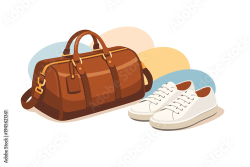 Brown Leather Duffel Bag and White Sneakers Ready for Travel.