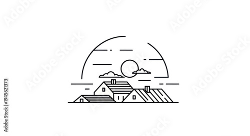 Minimalist line art houses under sunset