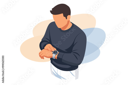 Man checking his wristwatch for time illustration.