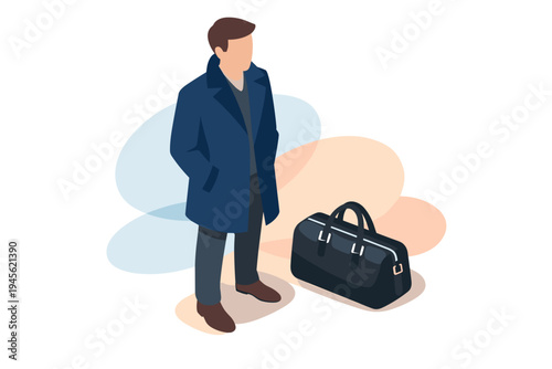 Man Standing Next to a Black Duffle Bag.