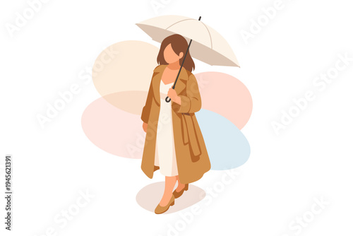 Woman holding umbrella wearing trench coat and dress.