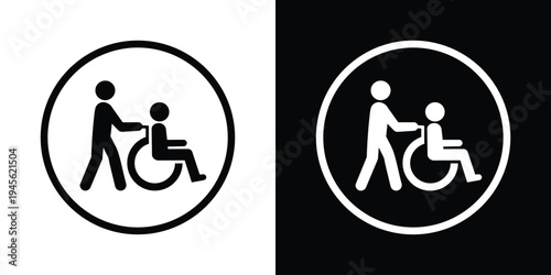 Circular wheelchair help symbol set. Thin outline circle enclosing a caregiver and disabled person icon. Professional vector design for hospital wayfinding and inclusive service markers.