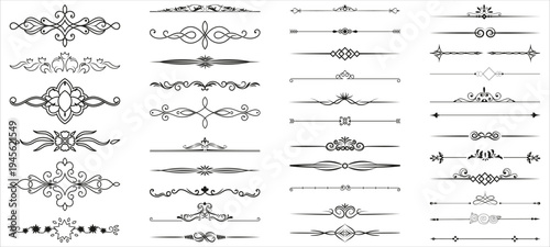 Vintage ornamental flourish divider collection decorative calligraphic separators for wedding invitation certificate luxury typography decoration set.