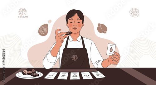 Chocolatier Tasting Chocolate, Comparing Flavors with Cards, Aroma Sensory Experience