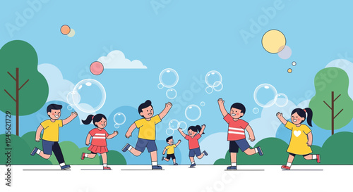 Children Playing with Bubbles in a Sunny Park