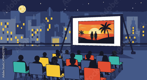 Outdoor Movie Night with People Watching Film.