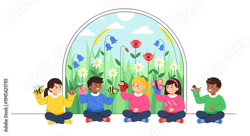 Children Playing With Insect Puppets in a Meadow