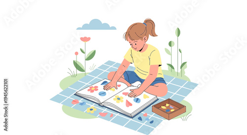 Child's Creative Play: Girl Arranging Flower Stickers in a Book Outdoors