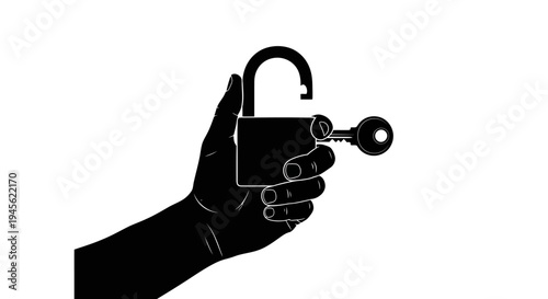 Silhouette of Hand Holding Unlocked Padlock with Key.