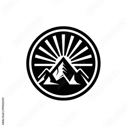 Stylized mountain range with sunburst rising behind the peaks, enclosed in a circle.