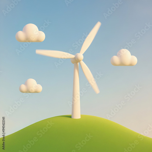 A stylized, minimalist 3D rendering of a wind turbine on a grassy hill under a bright blue sky with fluffy white clouds.