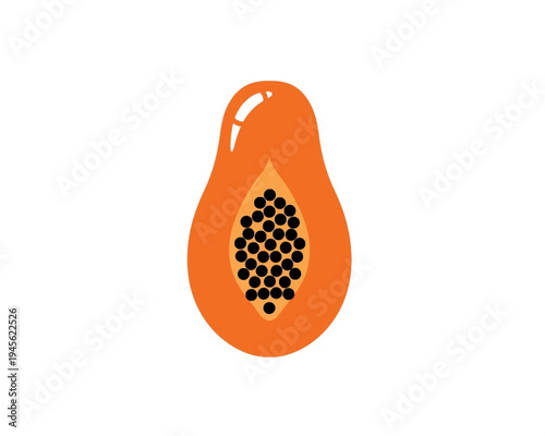 Simple vector graphic illustration of a ripe, halved papaya fruit showing numerous black seeds inside the flesh.